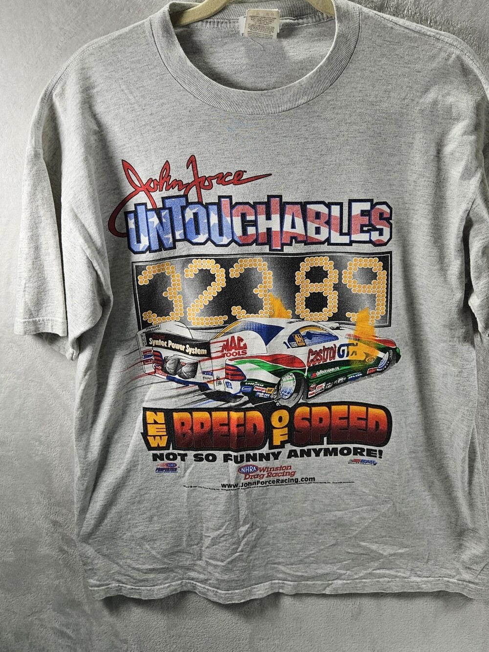 VTG 90s NHRA Drag Racing John Force T-Shirt Large *Fits Medium Grey Double Sided